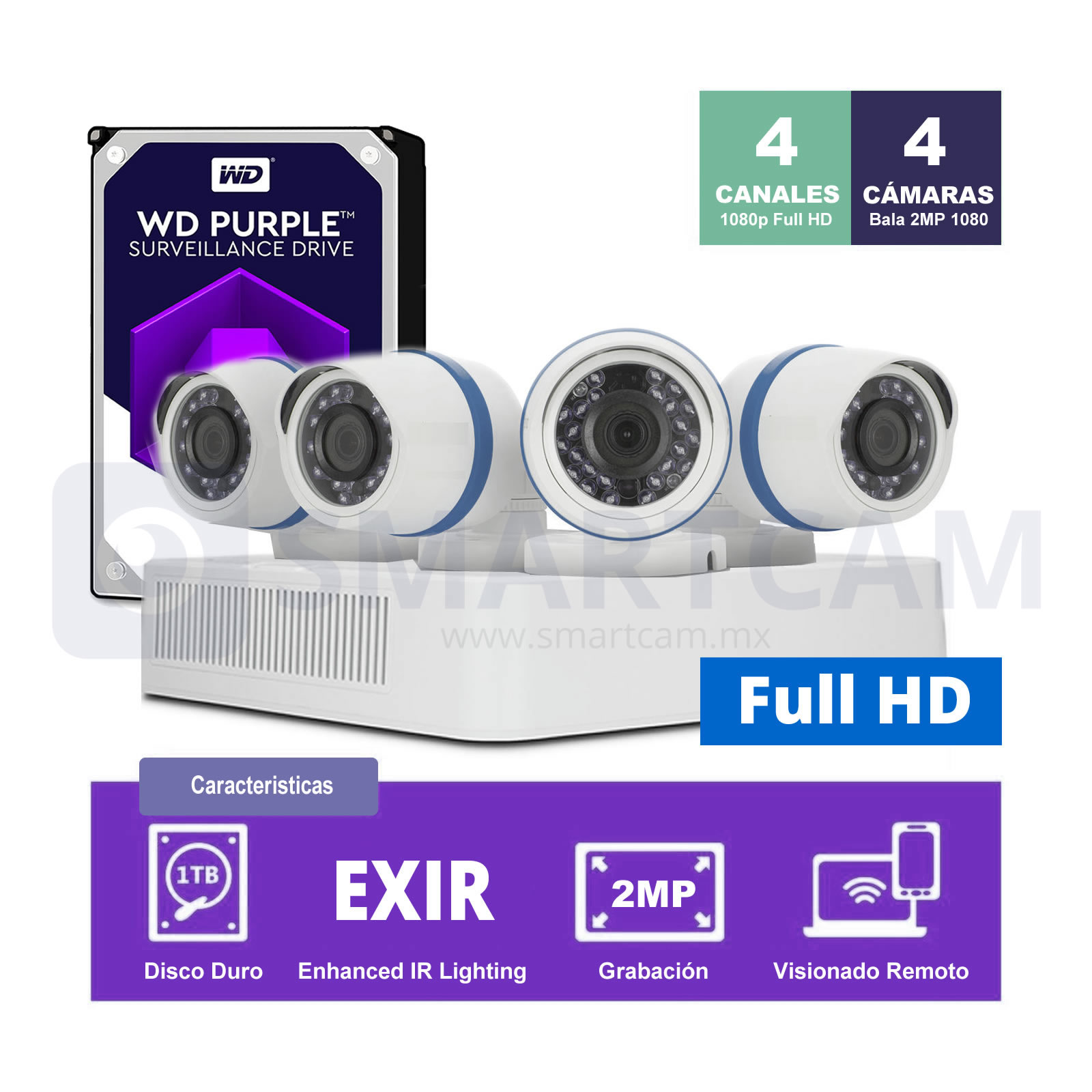 Kit CCTV 1080 Full HD 4 Cámaras + disco duro Western Digital Purple de 1TB - Smartcam CÁMARAS DE VIGILANCIA PUERTO VALLARTA - INSTALACIÓN INCLUIDA